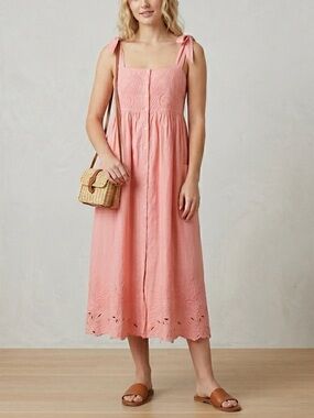 Juliet Dunn London Pink Floral Embroidered Cotton Midi Dress